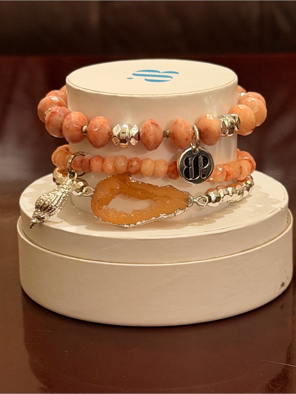 Bomb Party NWT! “Color Me Coral” Peach Agate Beaded Bracelet Set RETRO!
